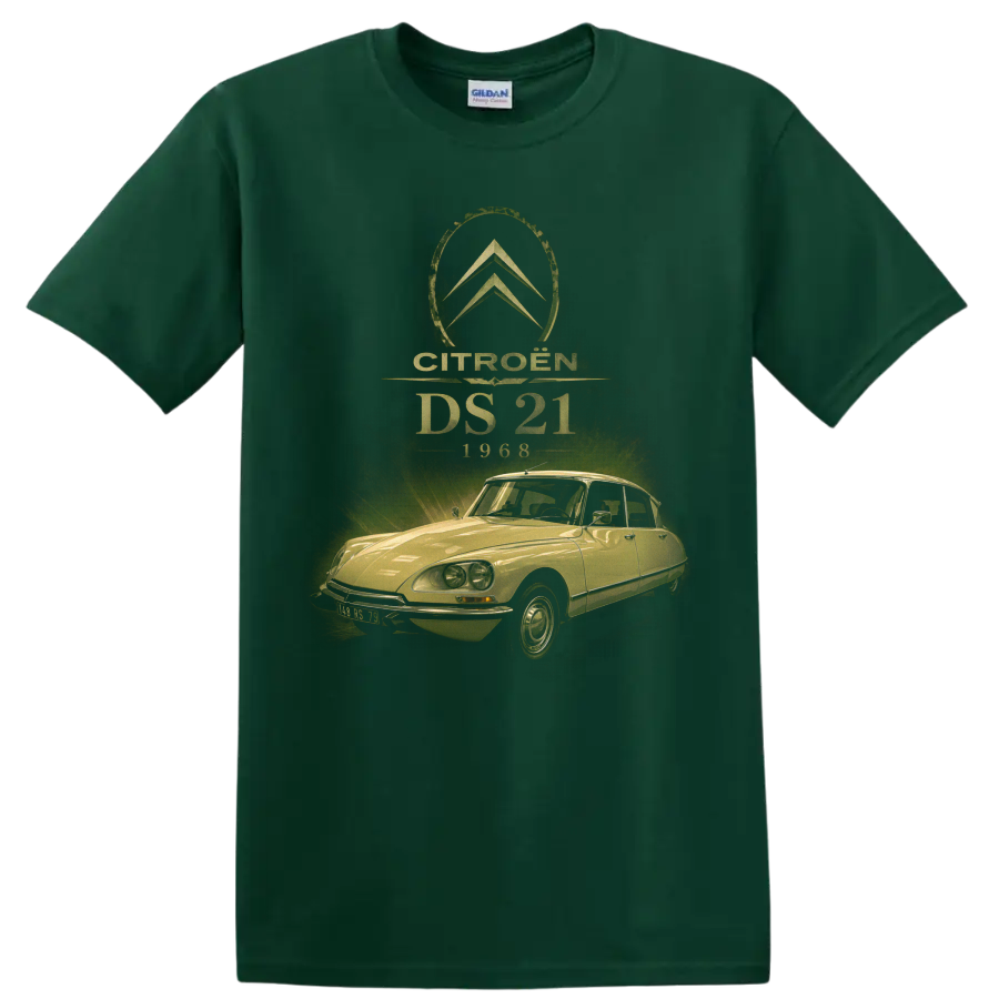 Citroën DS 21 1968 vintage distressed classic car graphic on a Forest Green T Shirt