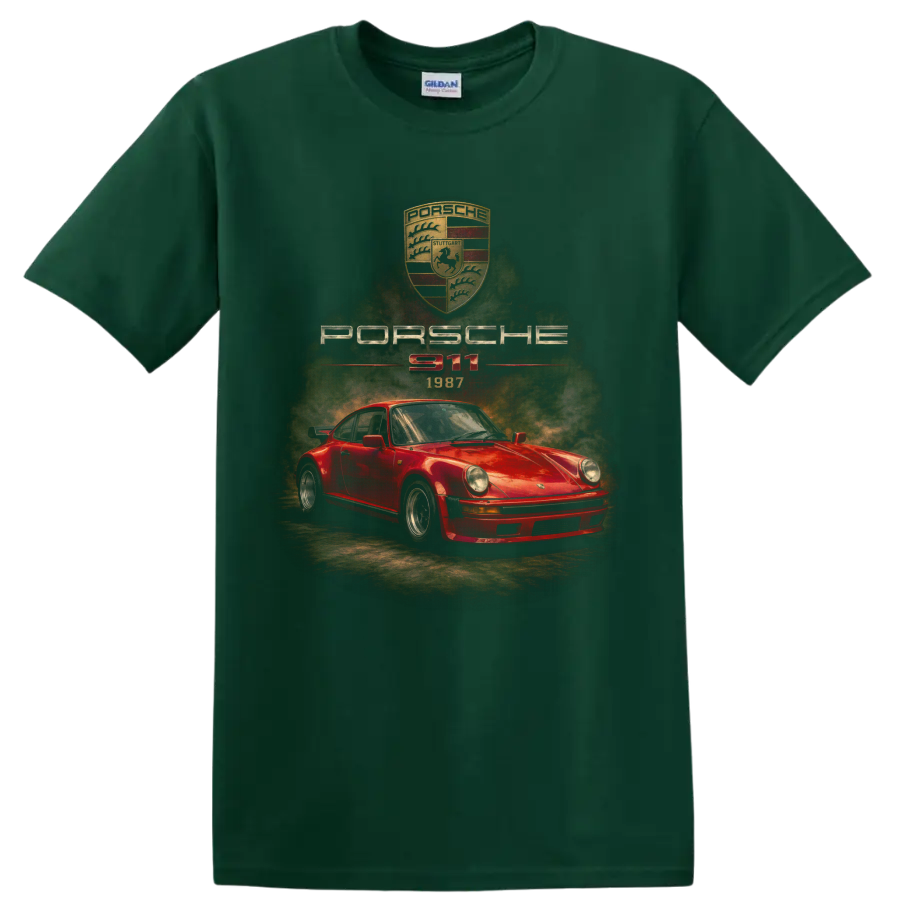 Vintage red Porsche 911 1987 sports car graphic with crest and lettering on a Forest Green T Shirt