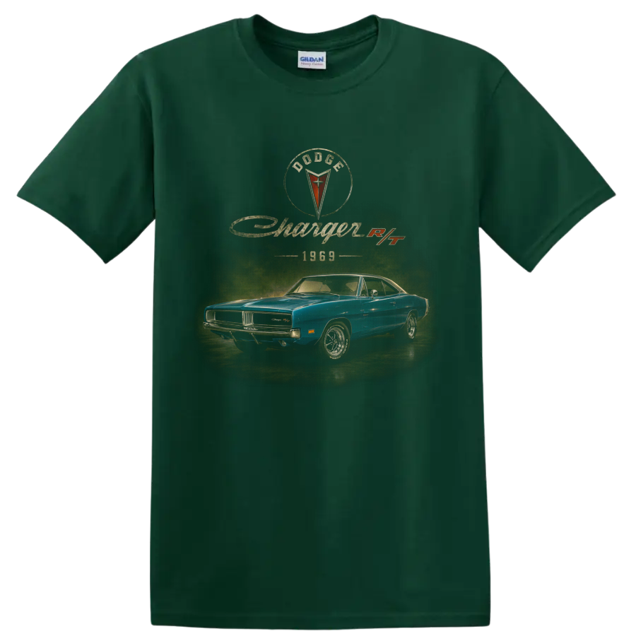 1969 Dodge Charger RT vintage blue muscle car graphic with retro lettering on a Forest Green T Shirt