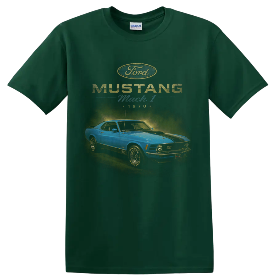 1970 Ford Mustang Mach 1 blue classic car graphic with retro lettering on a Forest Green T Shirt