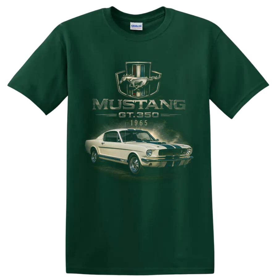 1965 Ford Mustang GT350 vintage fastback car graphic with blue stripes on a Forest Green T Shirt