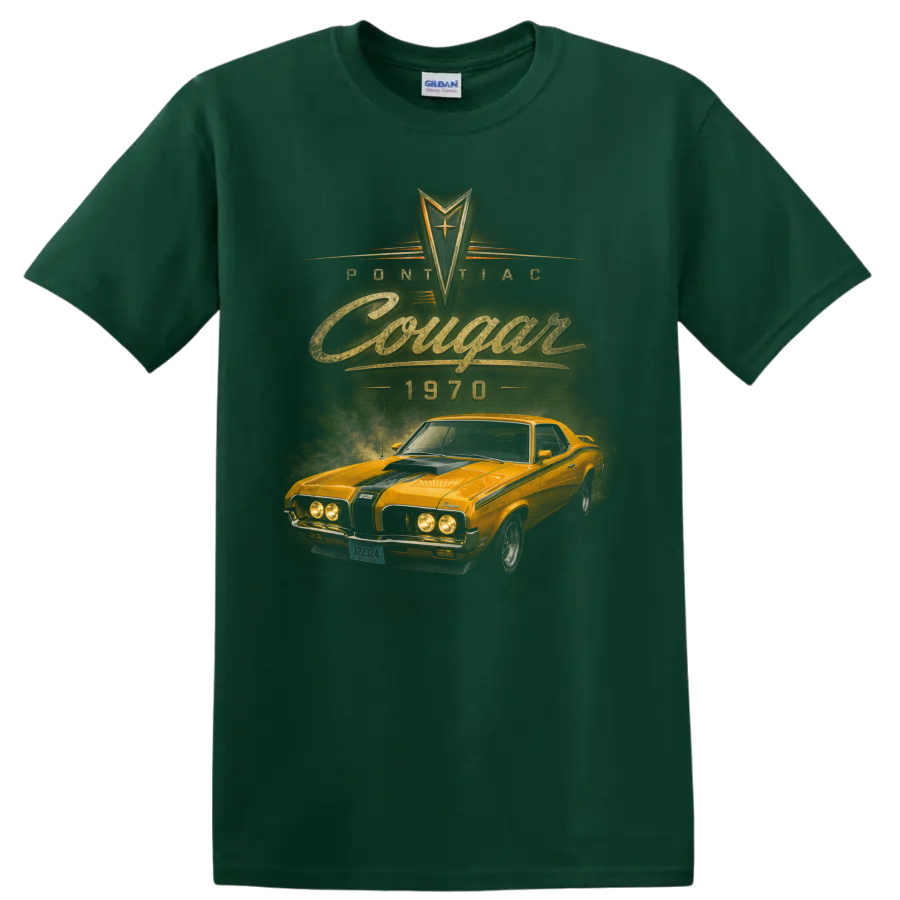 1970 Mercury Cougar vintage orange muscle car graphic with Cougar text on a Forest Green T Shirt