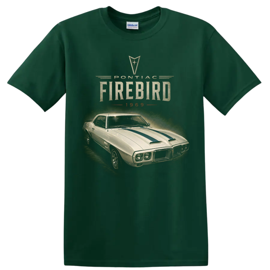 1969 Pontiac Firebird vintage muscle car graphic with blue hood stripes on a Forest Green T Shirt