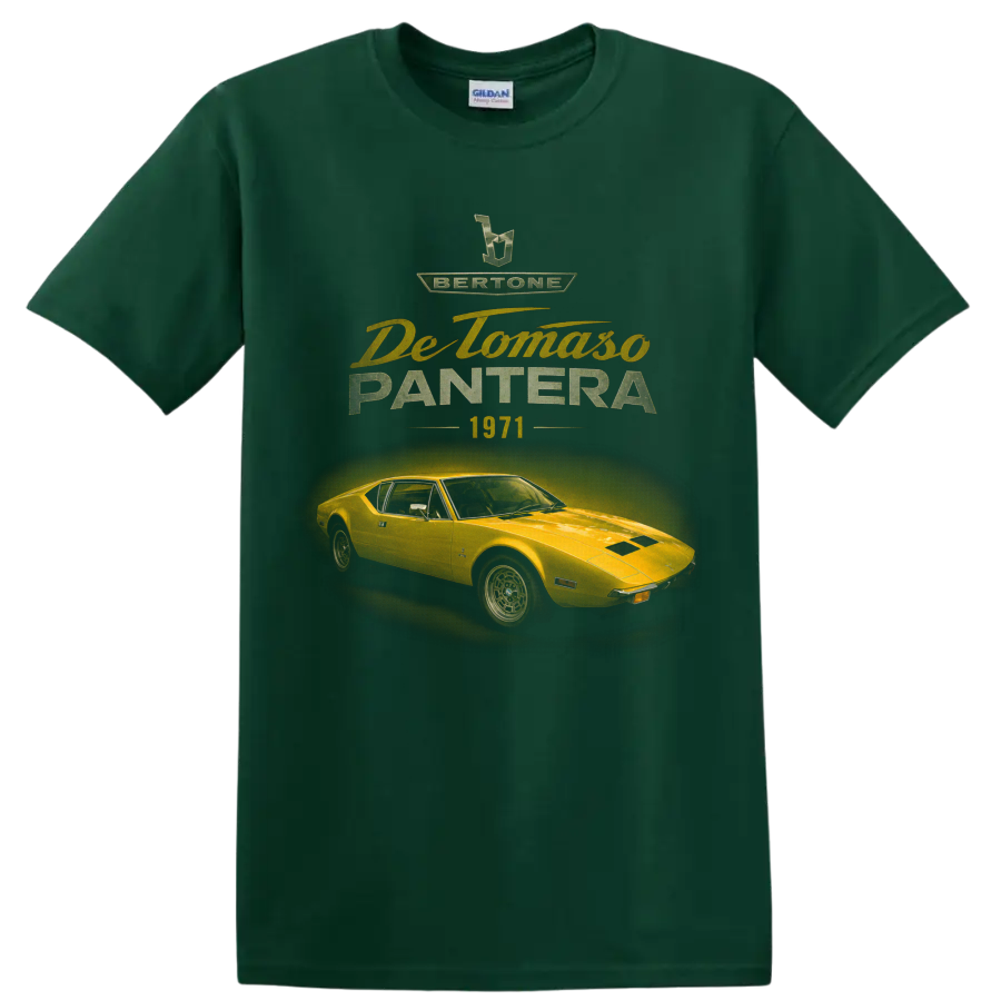 Vintage De Tomaso Pantera 1971 yellow sports car graphic with retro lettering on a Forest Green T Shirt