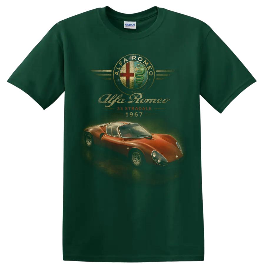 Alfa Romeo 33 Stradale 1967 vintage red sports car graphic on a Forest Green T Shirt