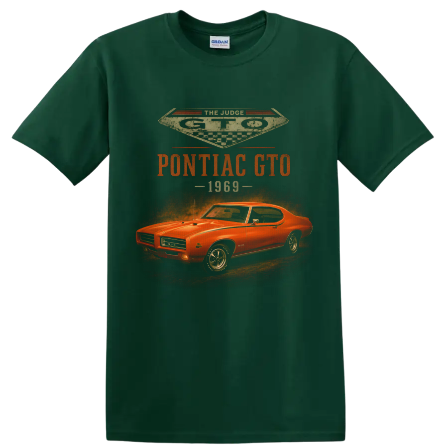 1969 Pontiac GTO vintage muscle car graphic with retro racing text on a Forest Green T Shirt