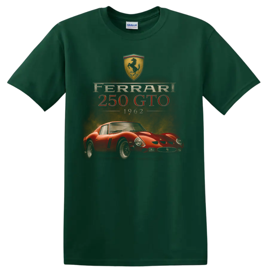 Ferrari 250 GTO 1962 vintage racing car graphic with visible text on a Forest Green T Shirt