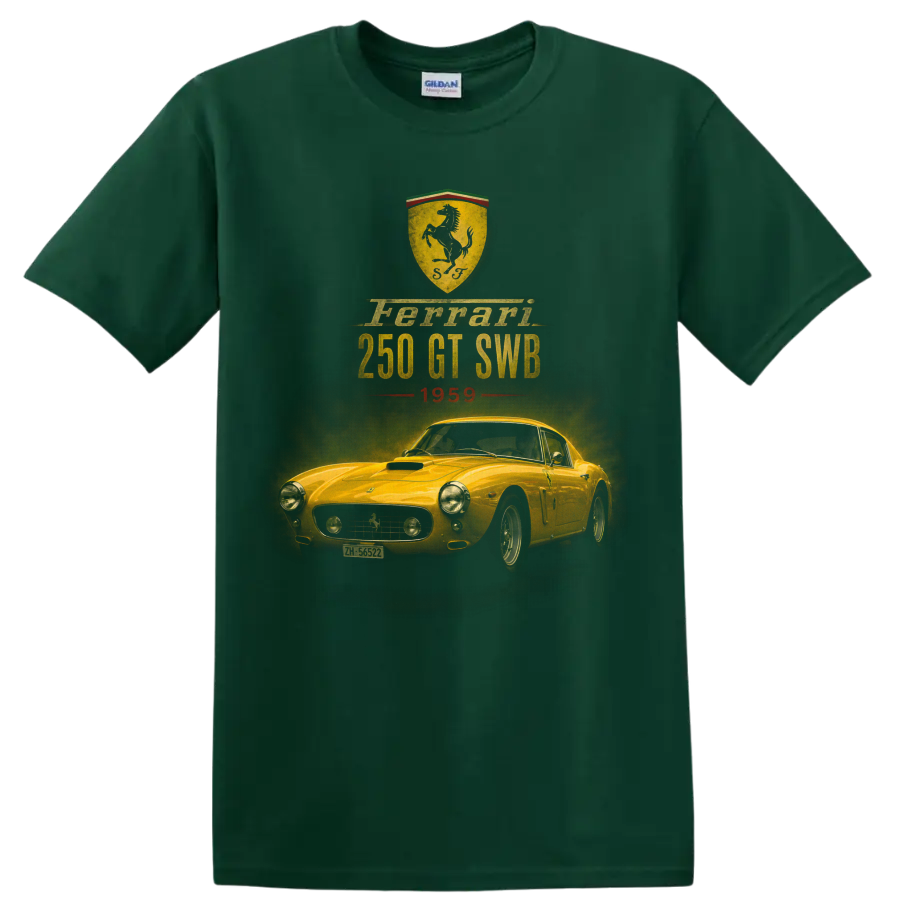 Ferrari 250 GT SWB 1959 vintage classic car graphic with shield crest on a Forest Green T Shirt