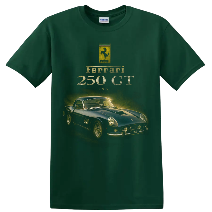 Vintage Ferrari 250 GT 1961 blue classic sports coupe graphic on a Forest Green T Shirt