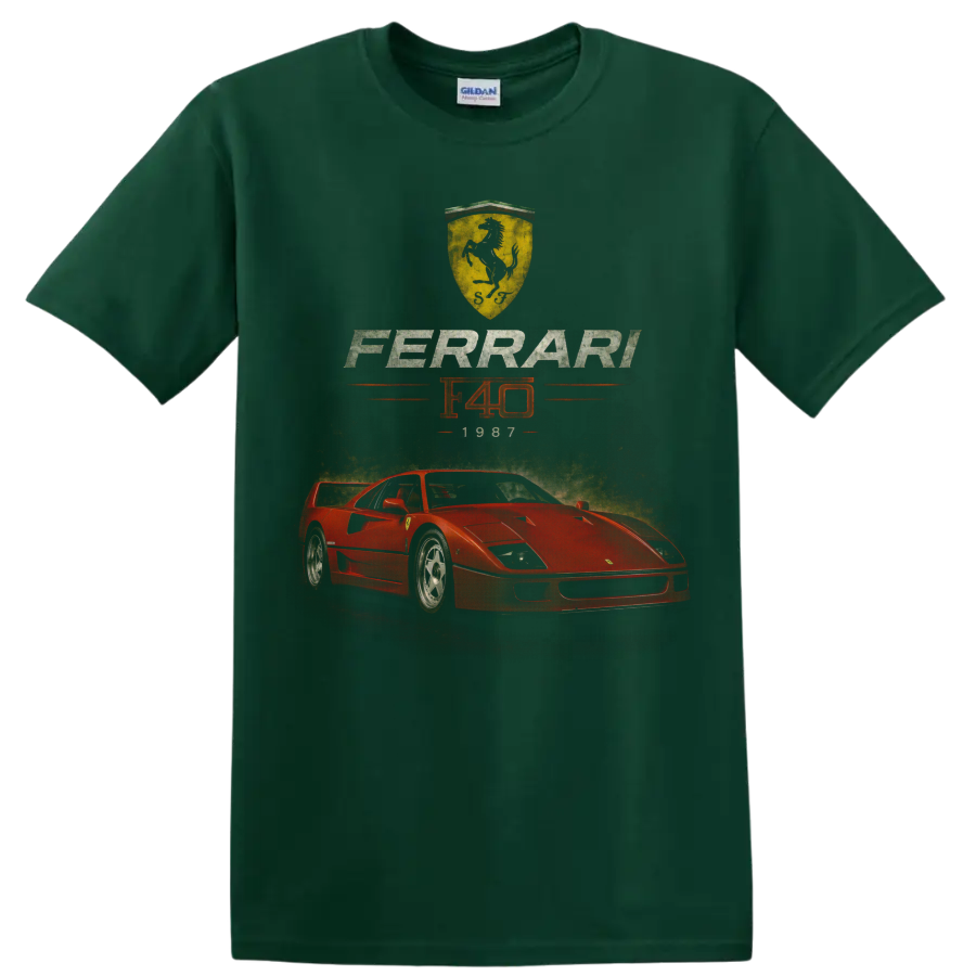 Vintage Ferrari F40 1987 red sports car graphic with Ferrari shield on a Forest Green T Shirt