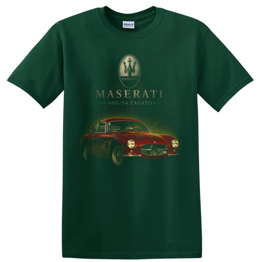 Maserati A6G/54 Zagato 1954 red vintage car graphic print on a Forest Green T Shirt
