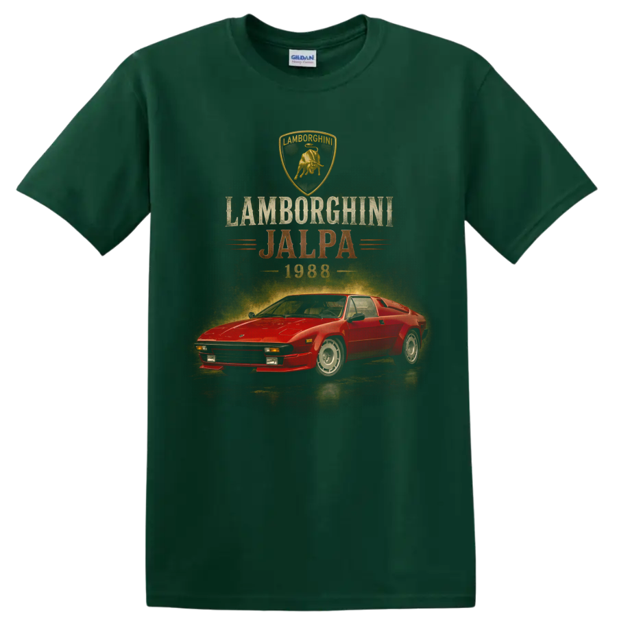 Vintage red 1988 Lamborghini Jalpa graphic with retro text and crest on a Forest Green T Shirt
