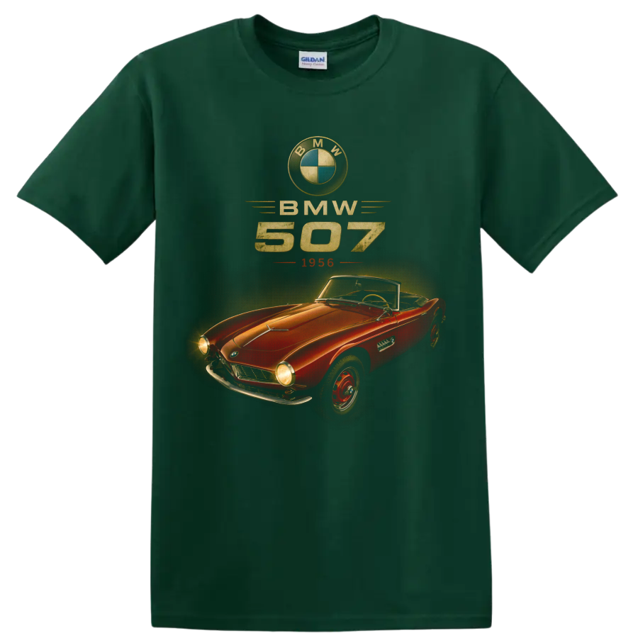 Vintage BMW 507 1956 red convertible roadster graphic print on a Forest Green T Shirt