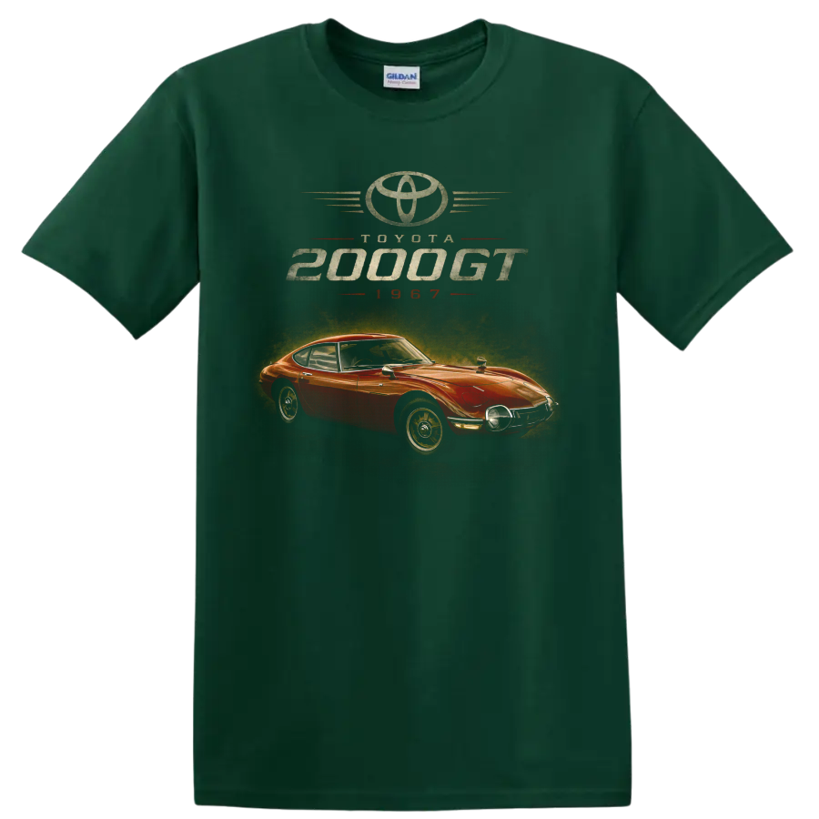 Toyota 2000GT 1967 red vintage classic car graphic print on a Forest Green T Shirt