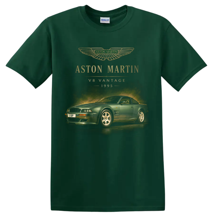 Aston Martin V8 Vantage 1995 vintage car graphic with gold lettering on a Forest Green T Shirt