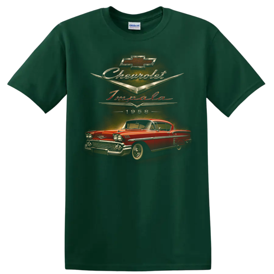 1958 Chevrolet Impala vintage red coupe graphic with Chevrolet script on a Forest Green T Shirt