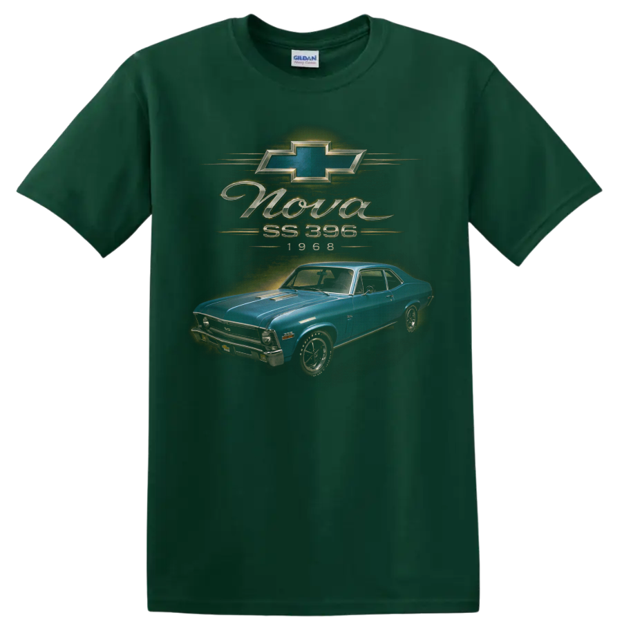 1968 Chevrolet Nova SS 396 blue vintage muscle car graphic on a Forest Green T Shirt