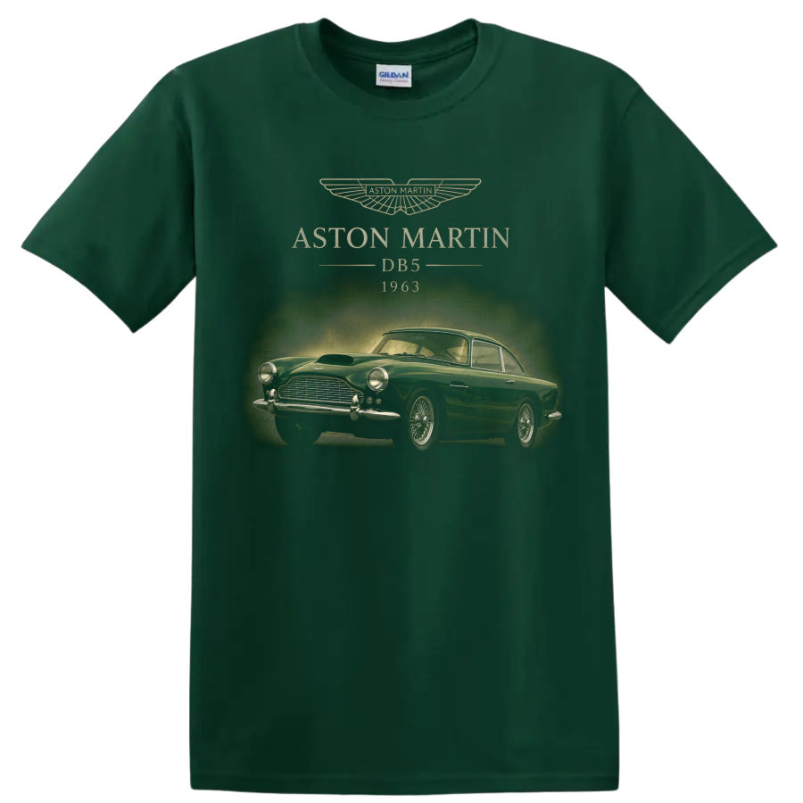 Vintage Aston Martin DB5 1963 classic car graphic with winged emblem on a Forest Green T Shirt