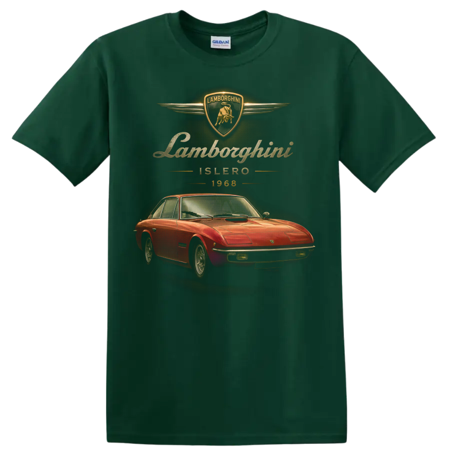 1968 Lamborghini Islero red coupe with vintage gold crest and lettering on a Forest Green T Shirt