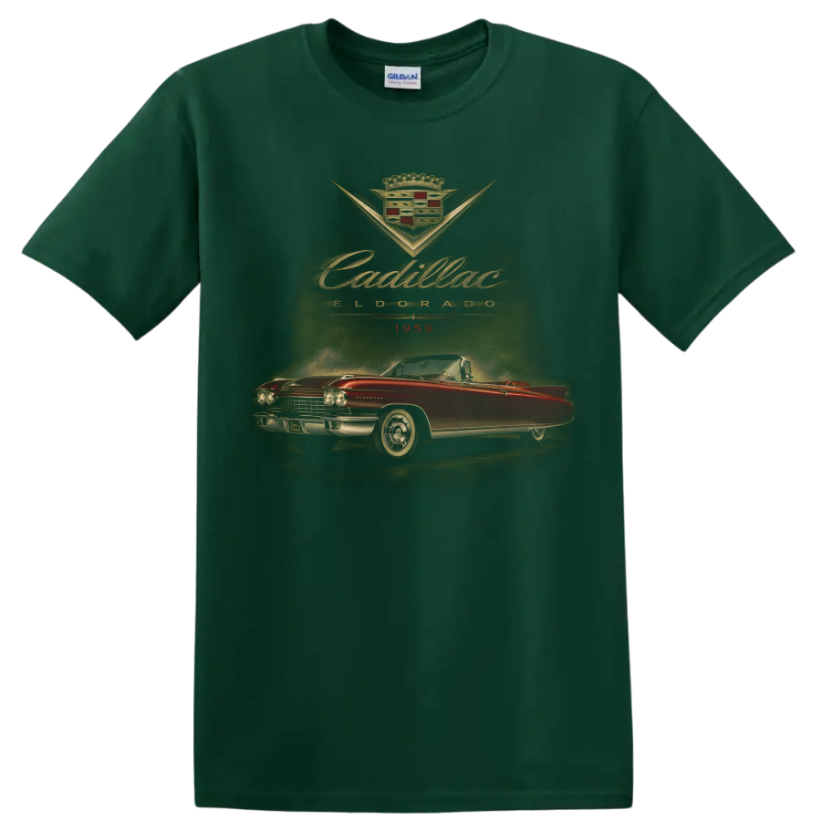 1959 Cadillac Eldorado red convertible vintage graphic print on a Forest Green T Shirt