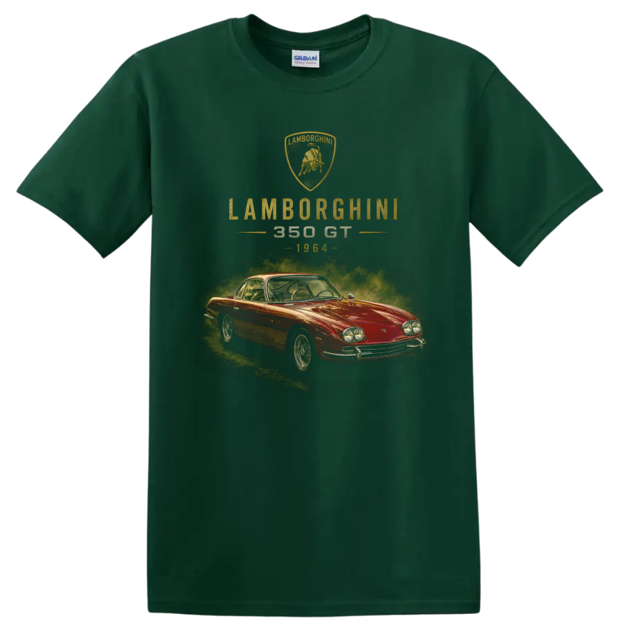 Vintage Lamborghini 350 GT 1964 red classic car graphic with crest on a Forest Green T Shirt