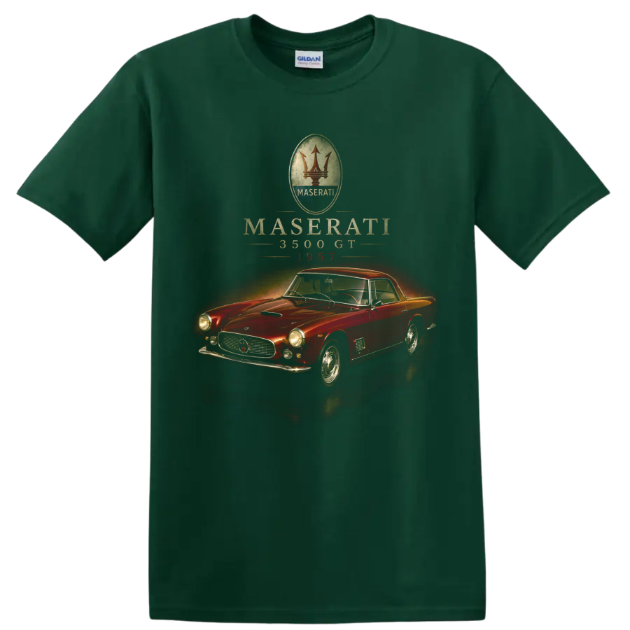 Maserati 3500 GT 1957 vintage red classic car graphic on a Forest Green T Shirt