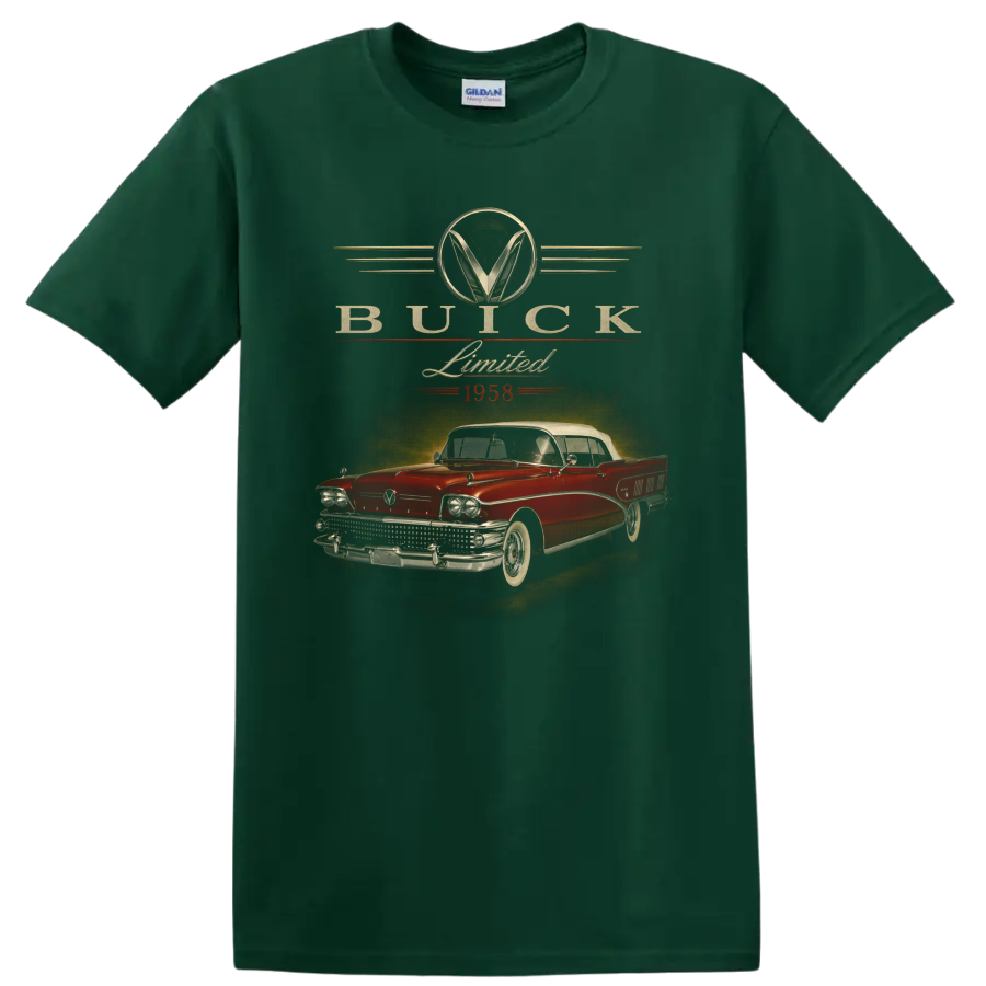 1958 Buick Limited vintage classic car graphic with retro lettering on a Forest Green T Shirt
