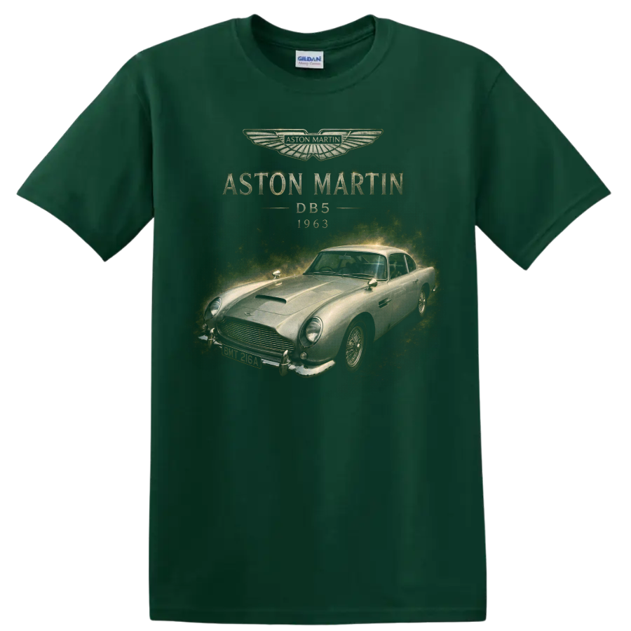 Aston Martin DB5 1963 vintage classic car graphic with gold accents on a Forest Green T Shirt