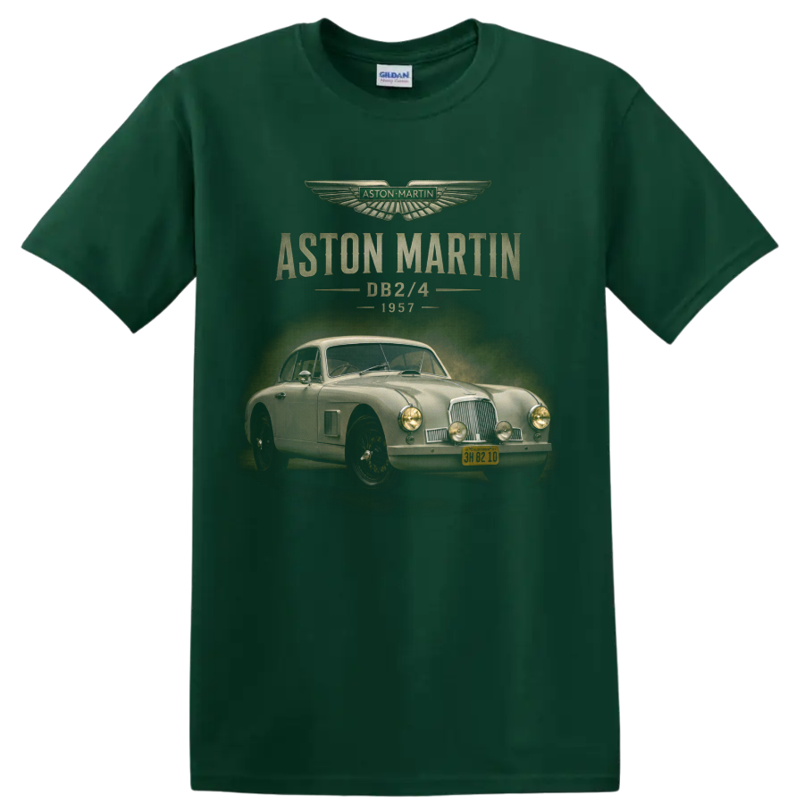 1957 Aston Martin DB2/4 vintage classic car graphic with distressed text on a Forest Green T Shirt