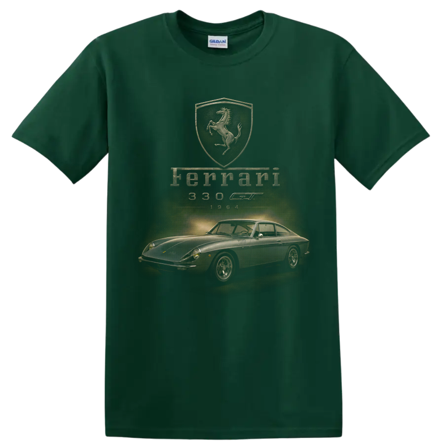 Ferrari 330 GT 1964 vintage classic car graphic with Ferrari shield on a Forest Green T Shirt