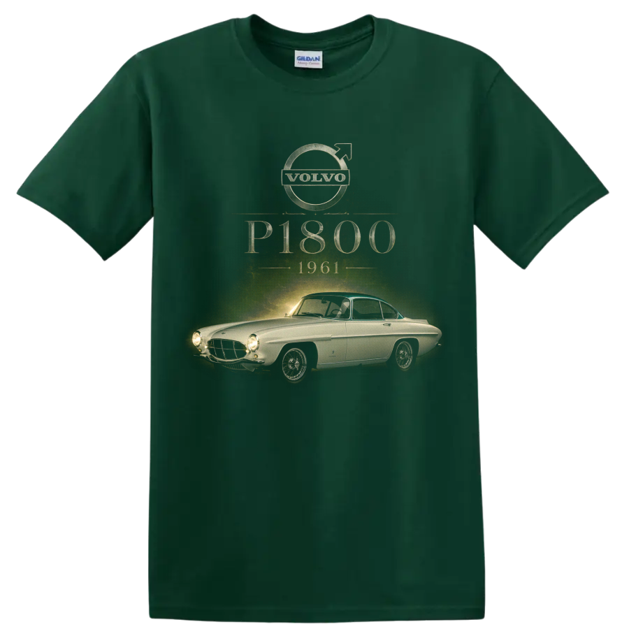 Vintage Volvo P1800 1961 classic coupe graphic with distressed typography on a Forest Green T Shirt