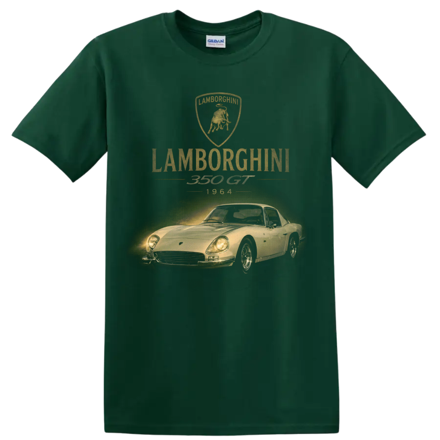 Lamborghini 350 GT 1964 vintage classic car graphic with bull crest on a Forest Green T Shirt