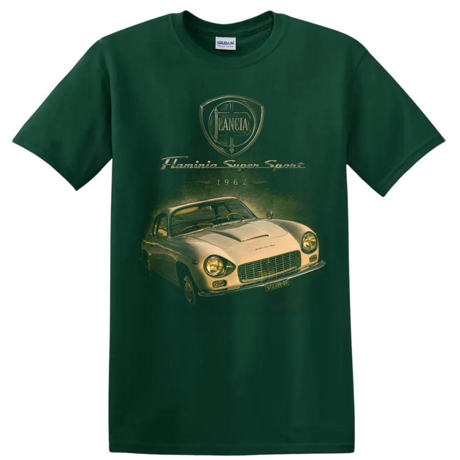 Lancia Flaminia Super Sport 1962 vintage coupe graphic with crest and script on a Forest Green T Shirt