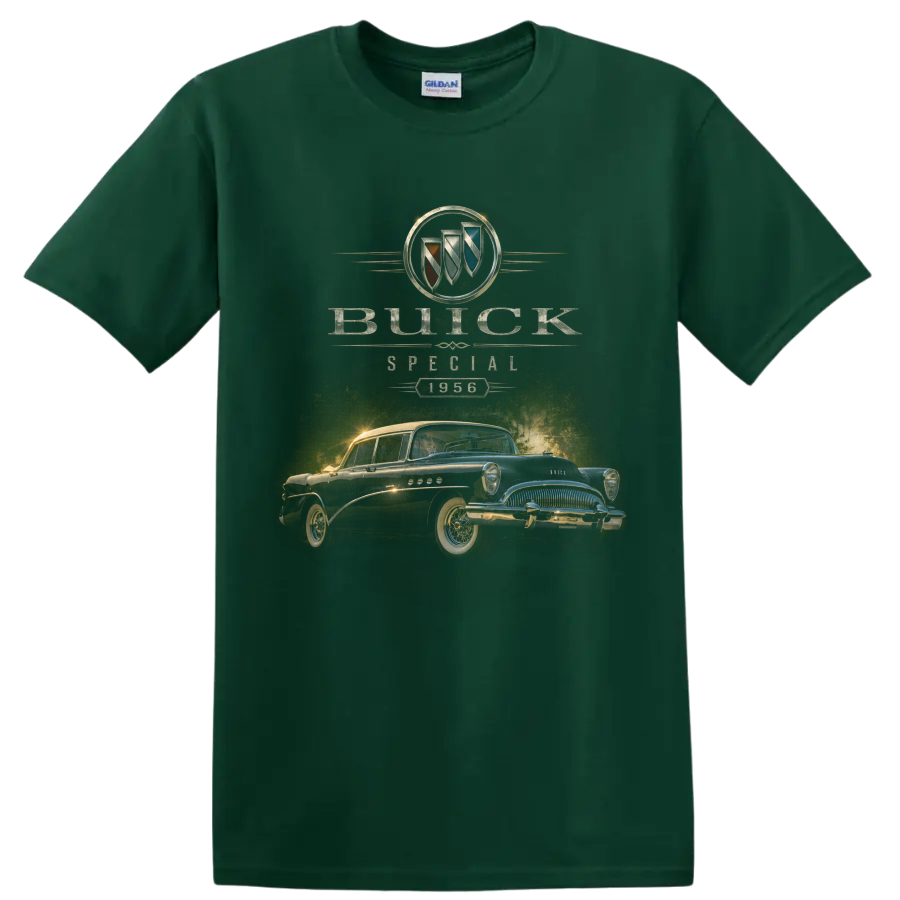 1956 Buick Special vintage classic car graphic with Buick crest on a Forest Green T Shirt