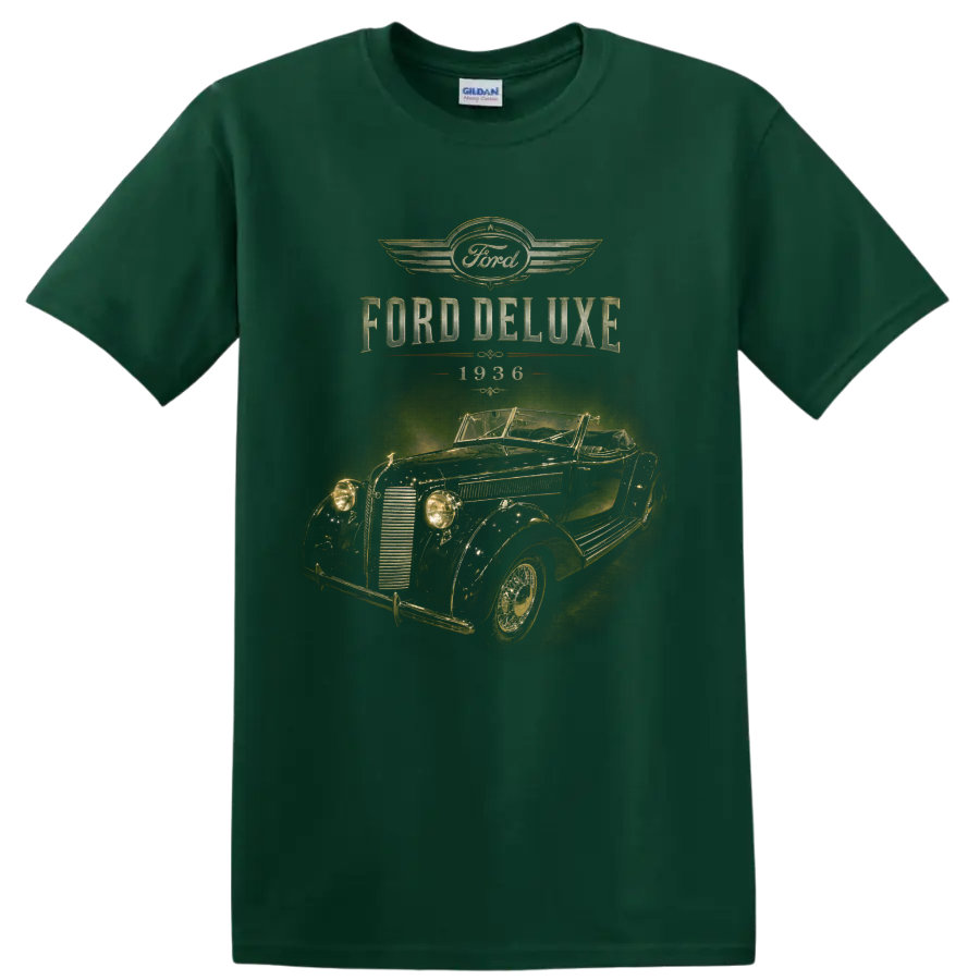 1936 Ford Deluxe vintage convertible with distressed Ford lettering on a Forest Green T Shirt