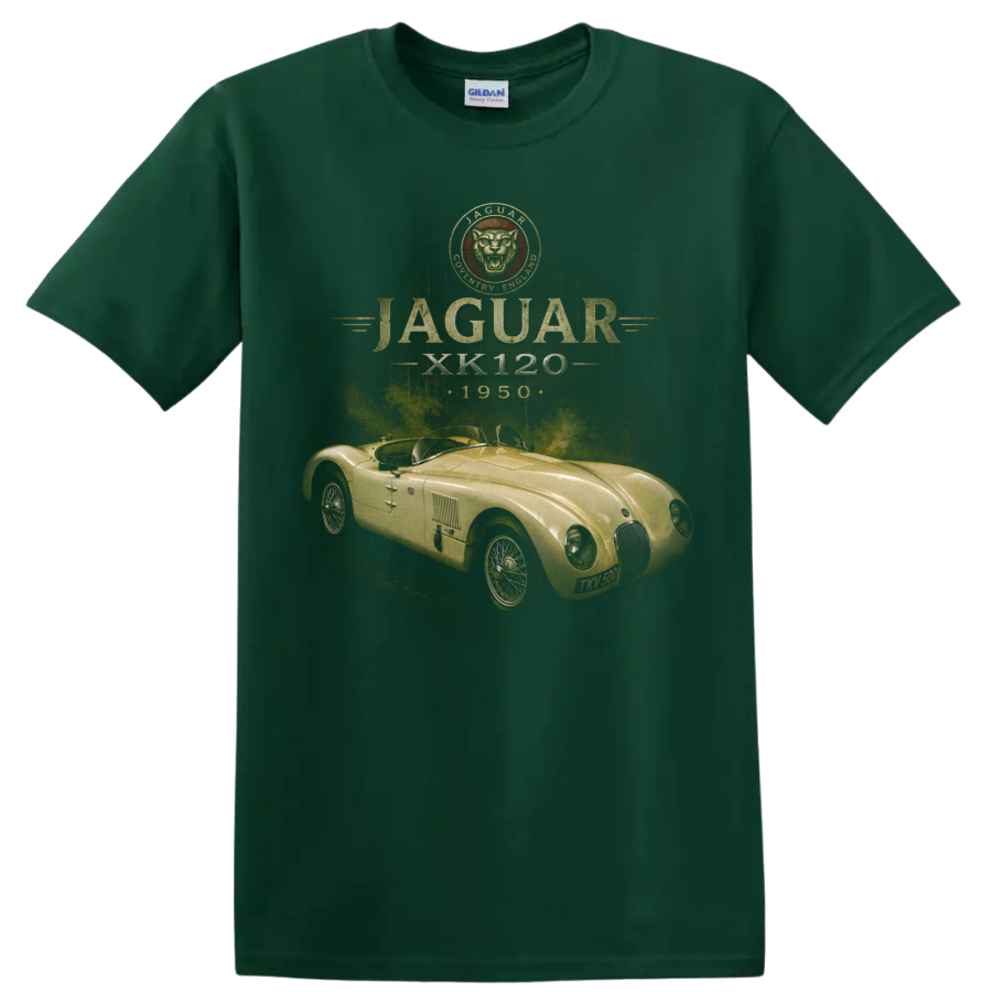 Vintage Jaguar XK120 1950 roadster graphic with distressed gold lettering on a Forest Green T Shirt