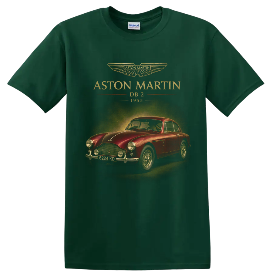 Aston Martin DB2 1955 vintage red coupe with gold lettering on a Forest Green T Shirt