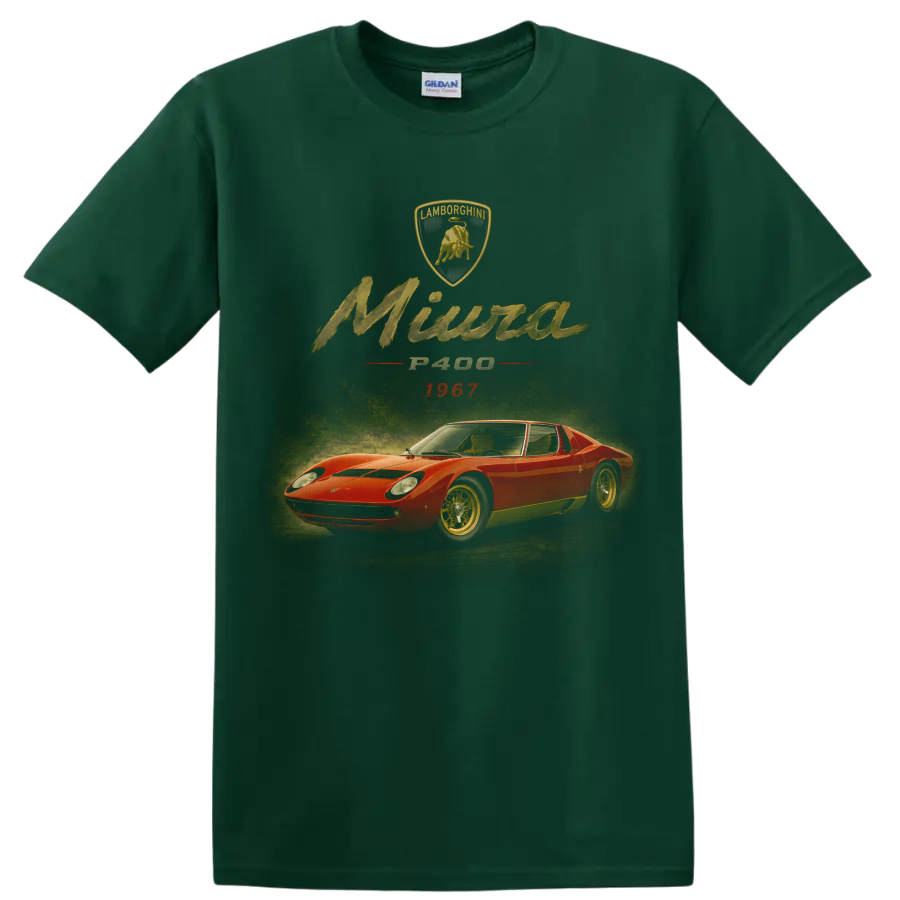 Lamborghini Miura P400 1967 vintage red sports car graphic on a Forest Green T Shirt