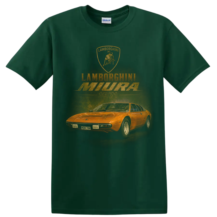 Lamborghini Miura vintage orange sports car graphic on a Forest Green T Shirt