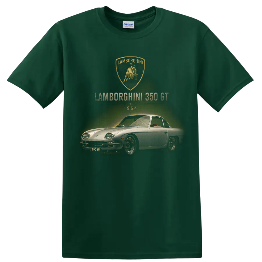Vintage Lamborghini 350 GT 1964 classic car graphic with bull crest on a Forest Green T Shirt