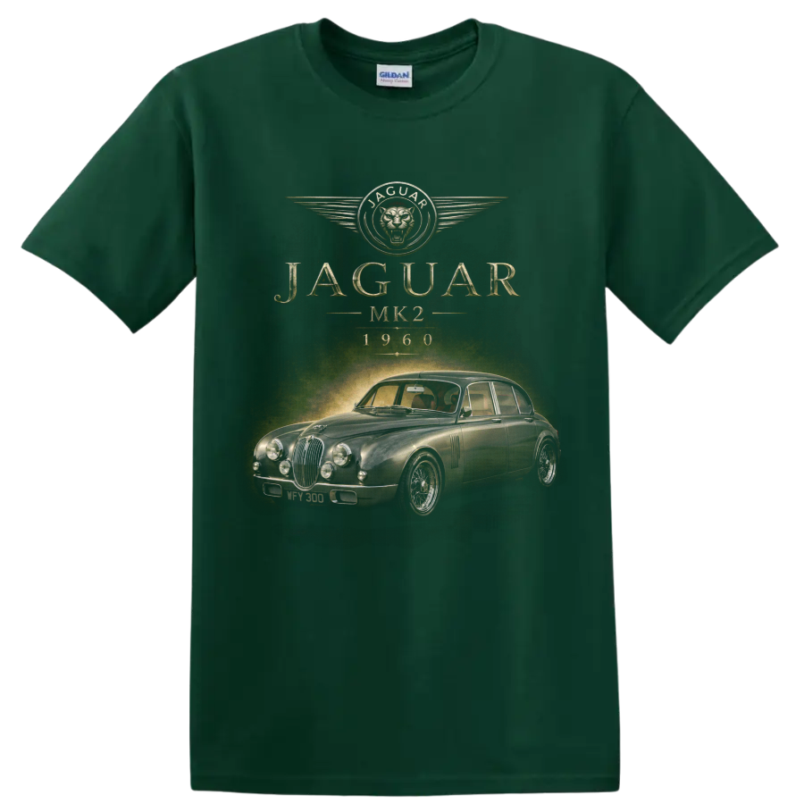 Jaguar MK2 1960 vintage classic car graphic with JAGUAR lettering on a Forest Green T Shirt