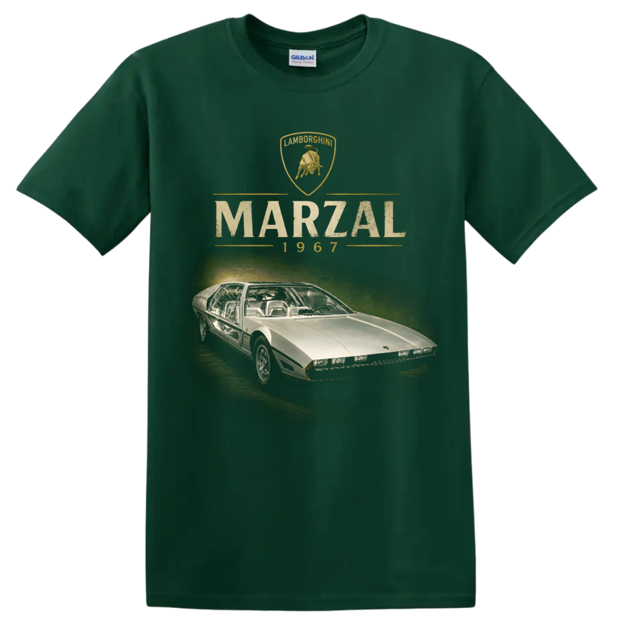 Vintage Lamborghini Marzal 1967 concept car graphic with crest and lettering on a Forest Green T Shirt
