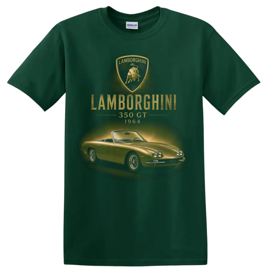 Lamborghini 350 GT 1964 vintage gold classic car graphic with crest on a Forest Green T Shirt
