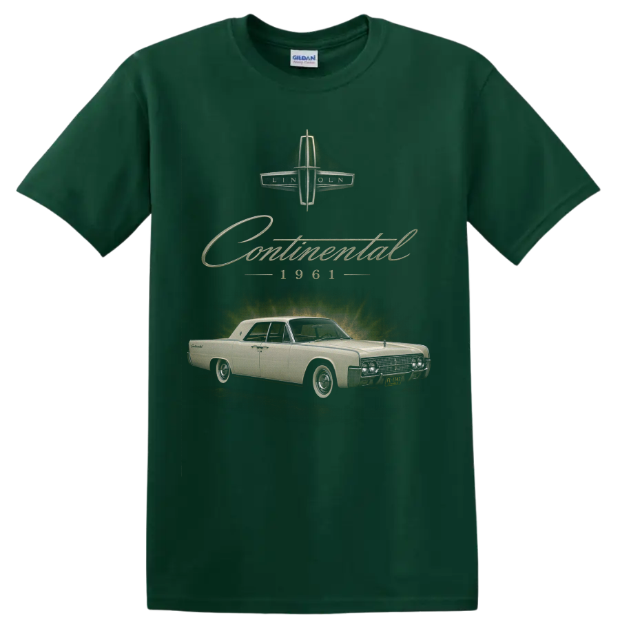 1961 Lincoln Continental vintage classic car graphic with script lettering on a Forest Green T Shirt