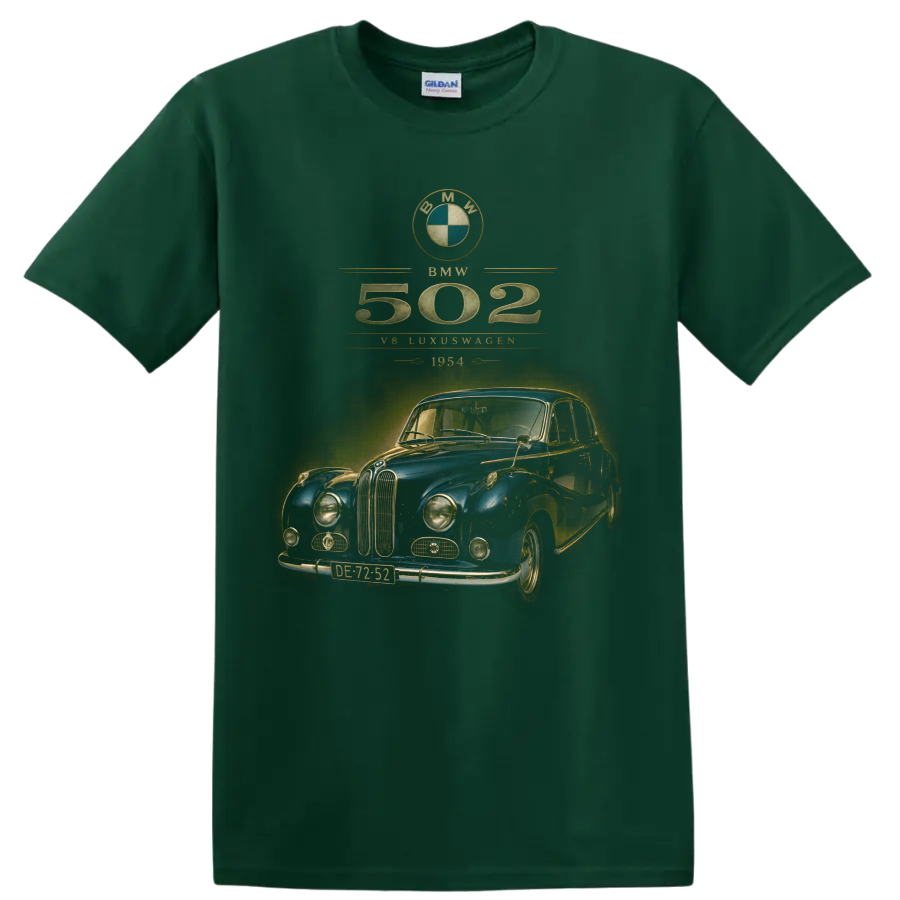 Vintage BMW 502 1954 blue classic car with distressed gold typography on a Forest Green T Shirt