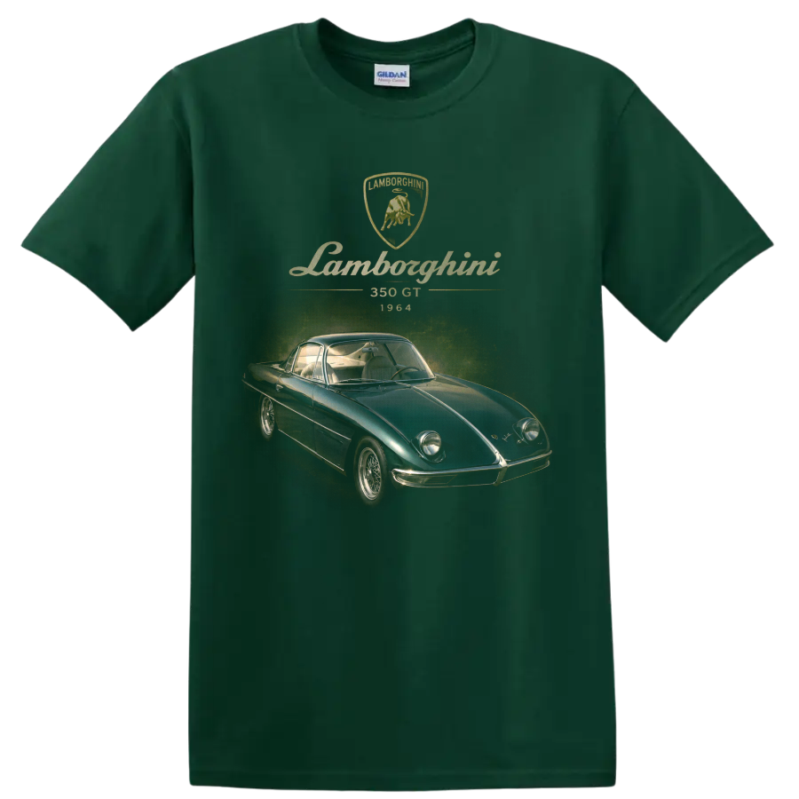 Lamborghini 350 GT 1964 vintage teal classic coupe graphic on a Forest Green T Shirt