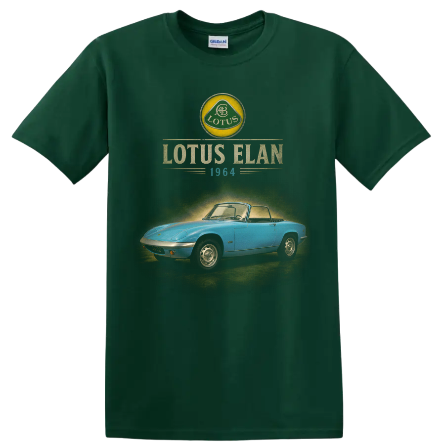 1964 Lotus Elan blue roadster vintage graphic with retro lettering on a Forest Green T Shirt