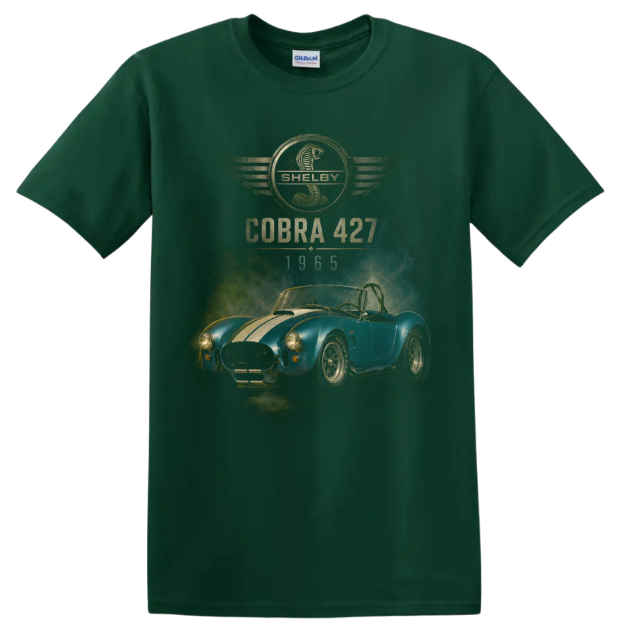 Shelby Cobra 427 1965 blue roadster vintage graphic with cobra emblem on a Forest Green T Shirt