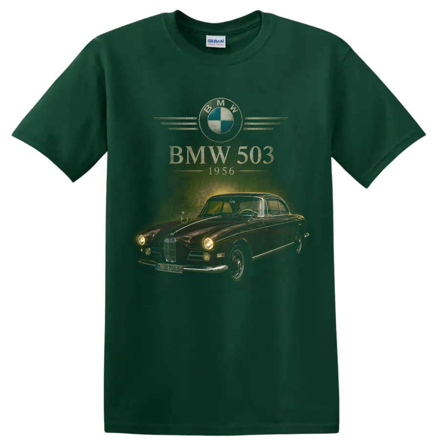 BMW 503 1956 red vintage coupe graphic with retro automotive lettering on a Forest Green T Shirt