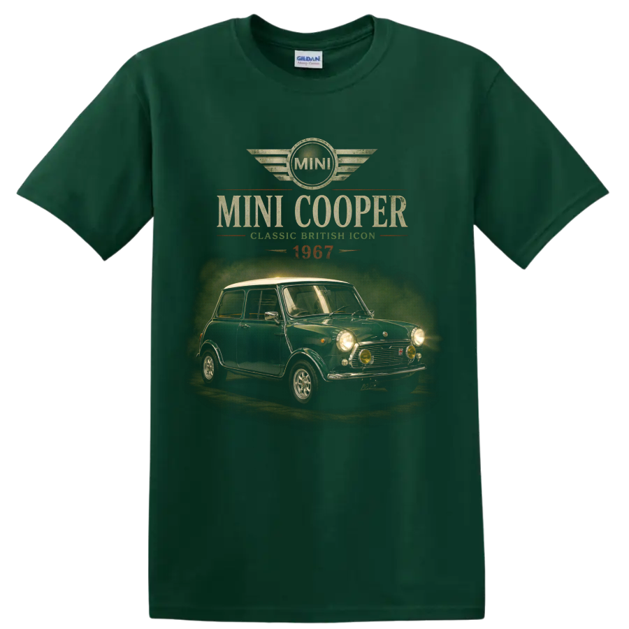 1967 Mini Cooper vintage classic car graphic with MINI emblem on a Forest Green T Shirt